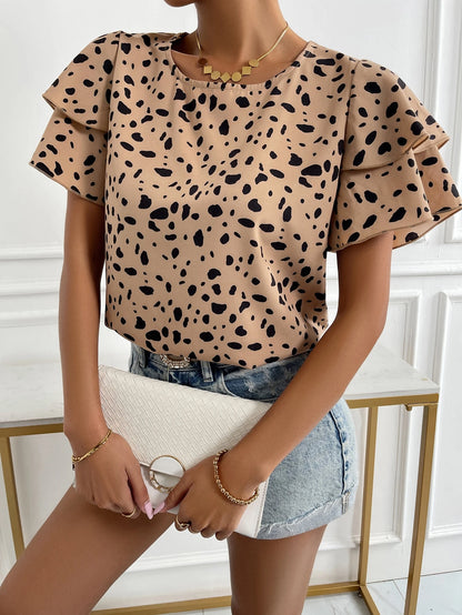 EMERY ROSE Dalmatian Print Butterfly Sleeve Blouse,Short Sleeve Tops