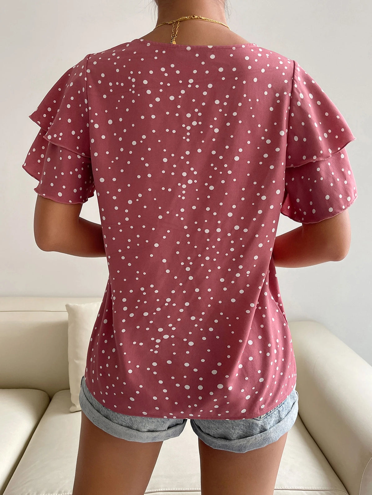 EMERY ROSE Dalmatian Print Butterfly Sleeve Blouse,Short Sleeve Tops