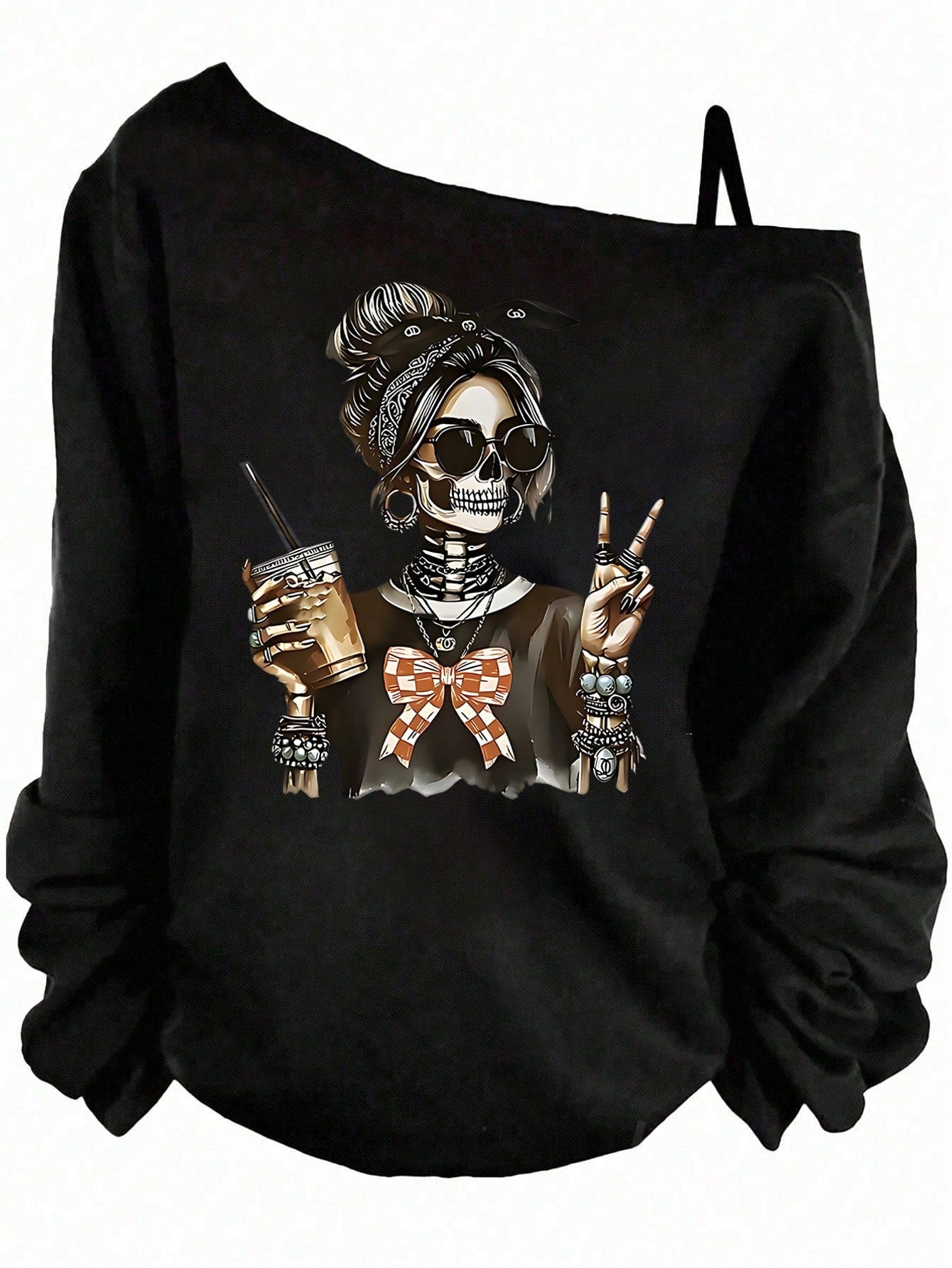 EMERY ROSE Halloween Casual Teal Skull Girl Graphic Print Plus Size Women Asymmetrical Shoulder Camisole T-Shirt,Autumn Everyday Long Sleeve Sweatshirt Costume