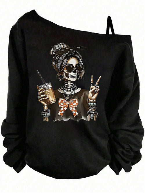 EMERY ROSE Halloween Casual Teal Skull Girl Graphic Print Plus Size Women Asymmetrical Shoulder Camisole T-Shirt,Autumn Everyday Long Sleeve Sweatshirt Costume
