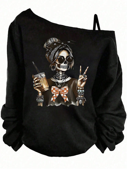 EMERY ROSE Halloween Casual Teal Skull Girl Graphic Print Plus Size Women Asymmetrical Shoulder Camisole T-Shirt,Autumn Everyday Long Sleeve Sweatshirt Costume