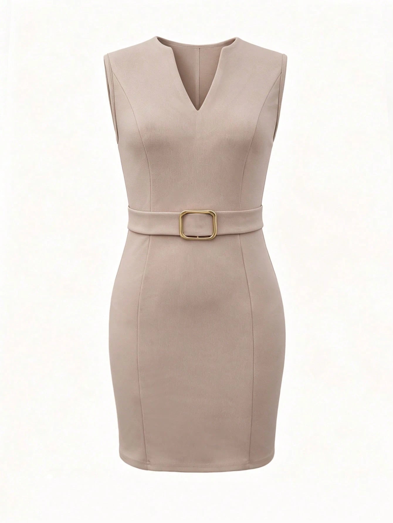 EMERY ROSE Khaki Summer Elegant Office V-Neck Sleeveless Metal Buckle Waist Bodycon Mini Dress For Women Structured Sheath Beige Women's Formal Business Casual