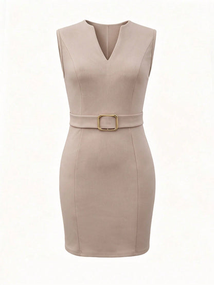 EMERY ROSE Khaki Summer Elegant Office V-Neck Sleeveless Metal Buckle Waist Bodycon Mini Dress For Women Structured Sheath Beige Women's Formal Business Casual