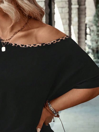 EMERY ROSE Plus Size Cold-Shoulder T-Shirt With Vintage Black & Leopard Print Patchwork Design, Casual & Fashionable