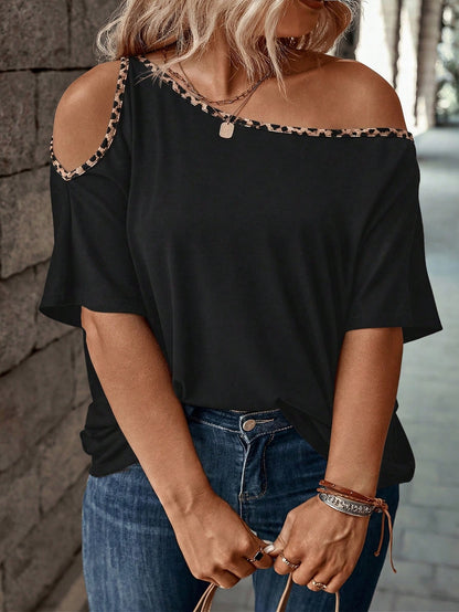 EMERY ROSE Plus Size Cold-Shoulder T-Shirt With Vintage Black & Leopard Print Patchwork Design, Casual & Fashionable