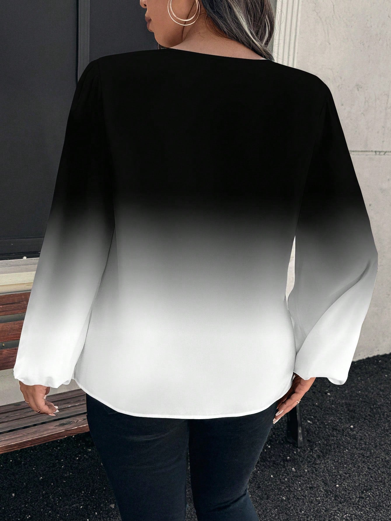 EMERY ROSE Plus Size Elegant Women's Long Lantern Sleeve Shirt,Black And White Ombre Print,Autumn Everyday Casual Minimalist Style Versatile Outerwear Fall