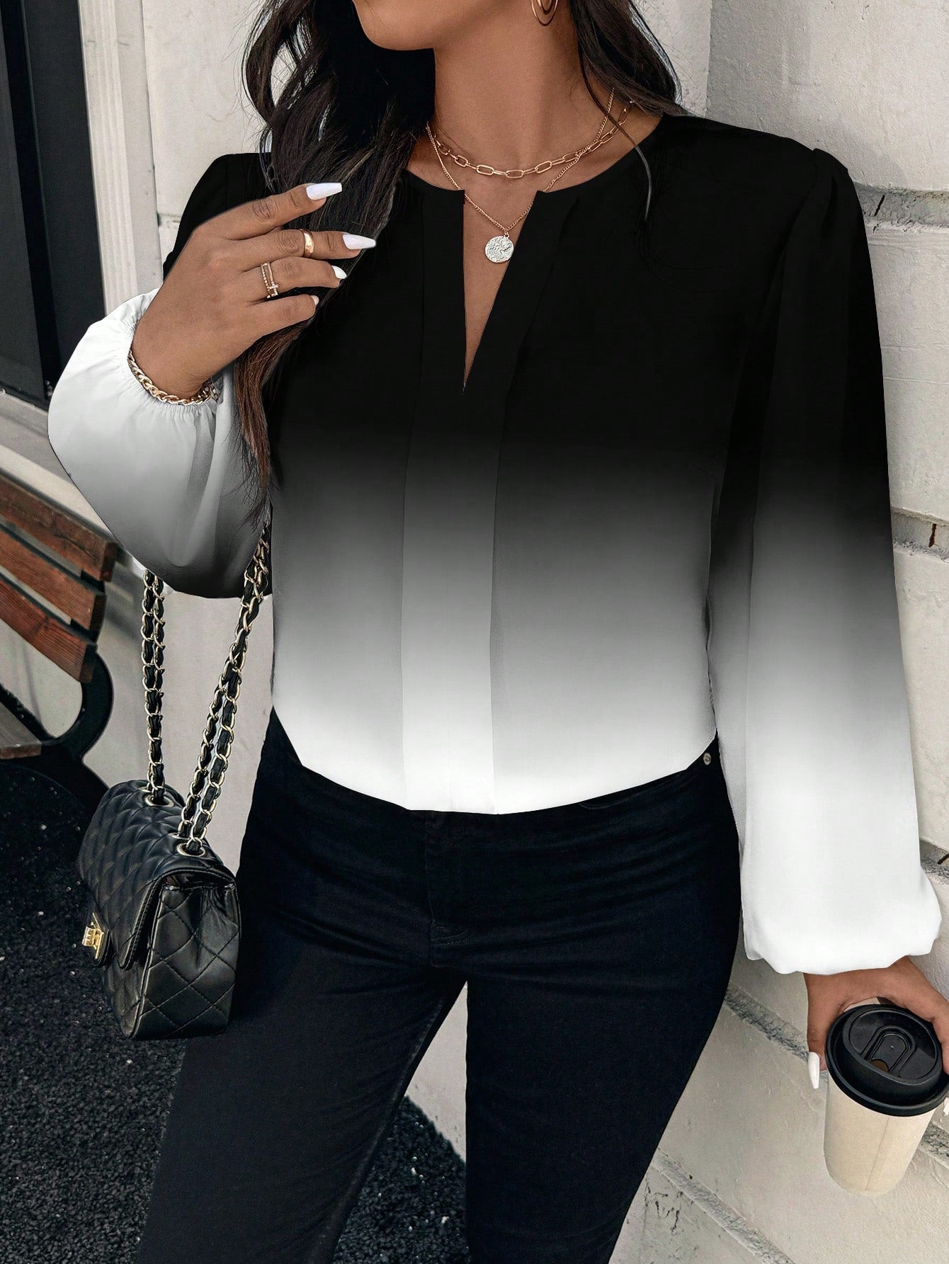 EMERY ROSE Plus Size Elegant Women's Long Lantern Sleeve Shirt,Black And White Ombre Print,Autumn Everyday Casual Minimalist Style Versatile Outerwear Fall