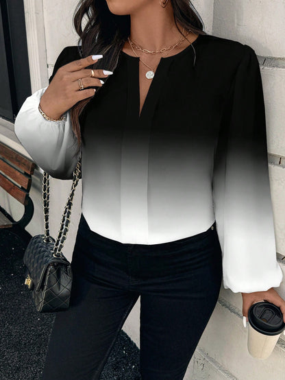 EMERY ROSE Plus Size Elegant Women's Long Lantern Sleeve Shirt,Black And White Ombre Print,Autumn Everyday Casual Minimalist Style Versatile Outerwear Fall