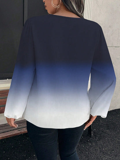 EMERY ROSE Plus Size Elegant Women's Long Lantern Sleeve Shirt,Black And White Ombre Print,Autumn Everyday Casual Minimalist Style Versatile Outerwear Fall