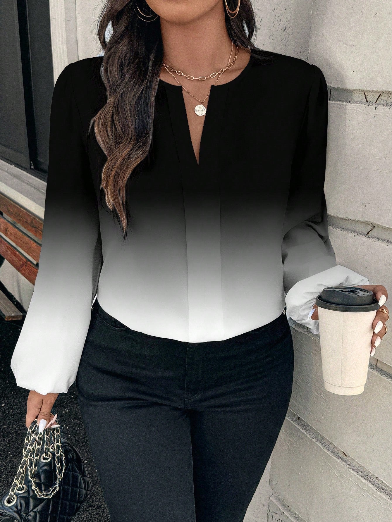 EMERY ROSE Plus Size Elegant Women's Long Lantern Sleeve Shirt,Black And White Ombre Print,Autumn Everyday Casual Minimalist Style Versatile Outerwear Fall