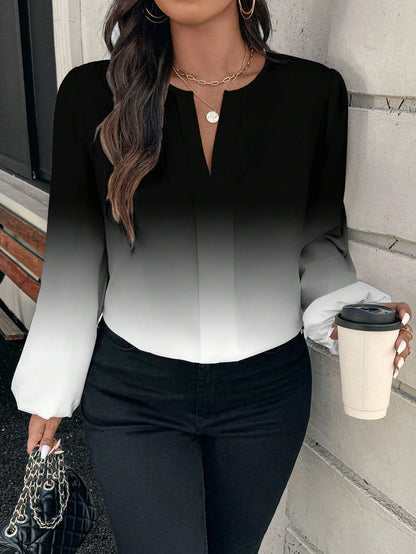 EMERY ROSE Plus Size Elegant Women's Long Lantern Sleeve Shirt,Black And White Ombre Print,Autumn Everyday Casual Minimalist Style Versatile Outerwear Fall