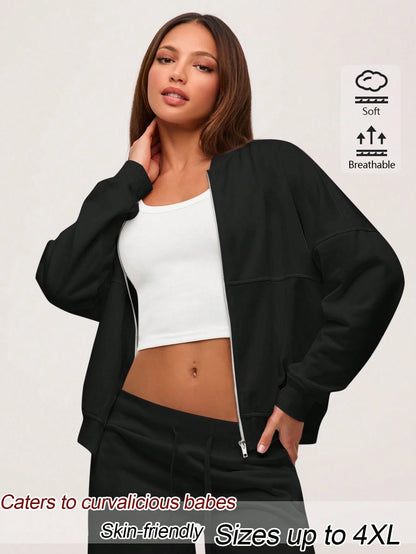 EMERY ROSE Plus Size Minimalist Street Fashion Zipper Long Sleeve Jacket Fall