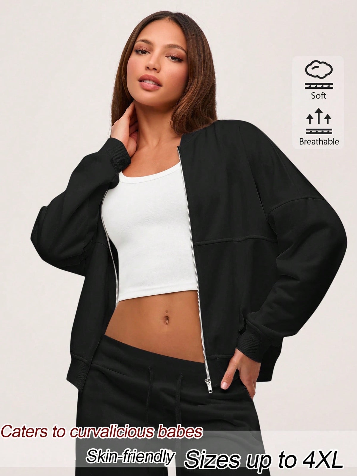 EMERY ROSE Plus Size Minimalist Street Fashion Zipper Long Sleeve Jacket Fall