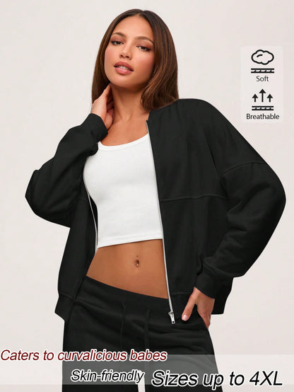 EMERY ROSE Plus Size Minimalist Street Fashion Zipper Long Sleeve Jacket Fall