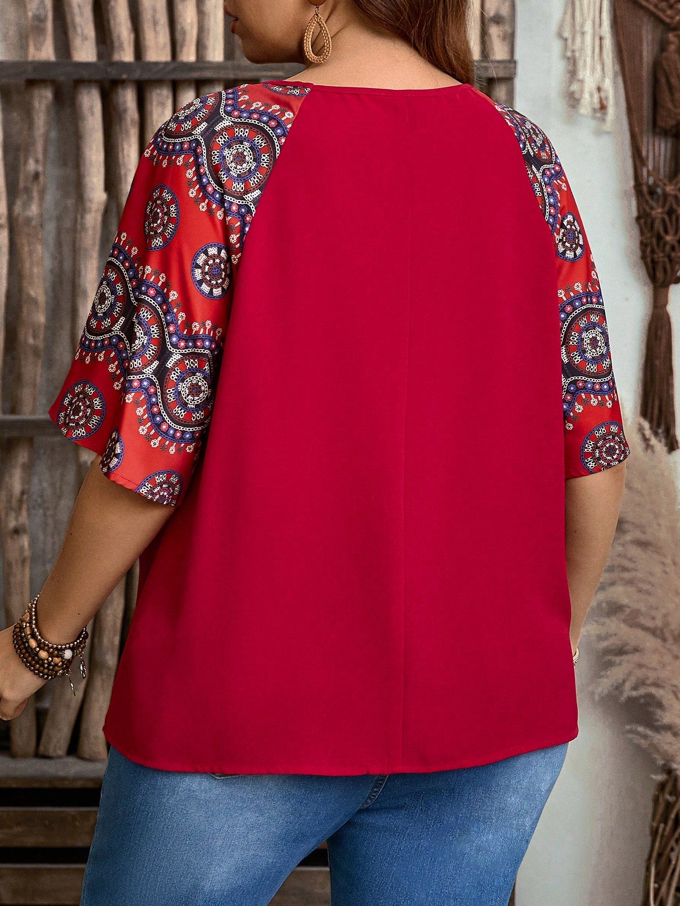 EMERY ROSE Plus Size Solid Color Block Round Neck Short Sleeve Casual Blouse, Boho For Women, Summer, Western Wear Women, Vacation Woman, Spring