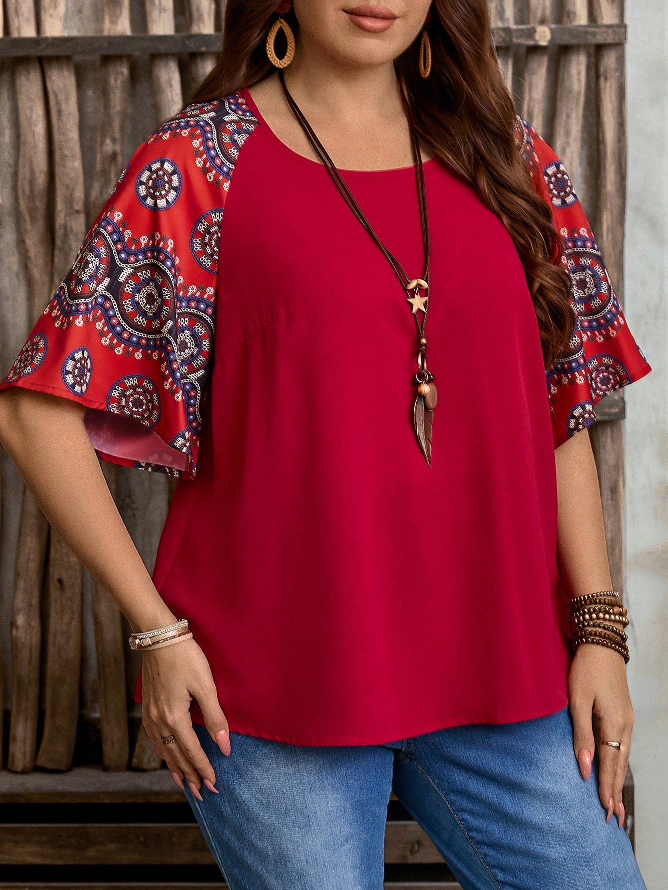EMERY ROSE Plus Size Solid Color Block Round Neck Short Sleeve Casual Blouse, Boho For Women, Summer, Western Wear Women, Vacation Woman, Spring