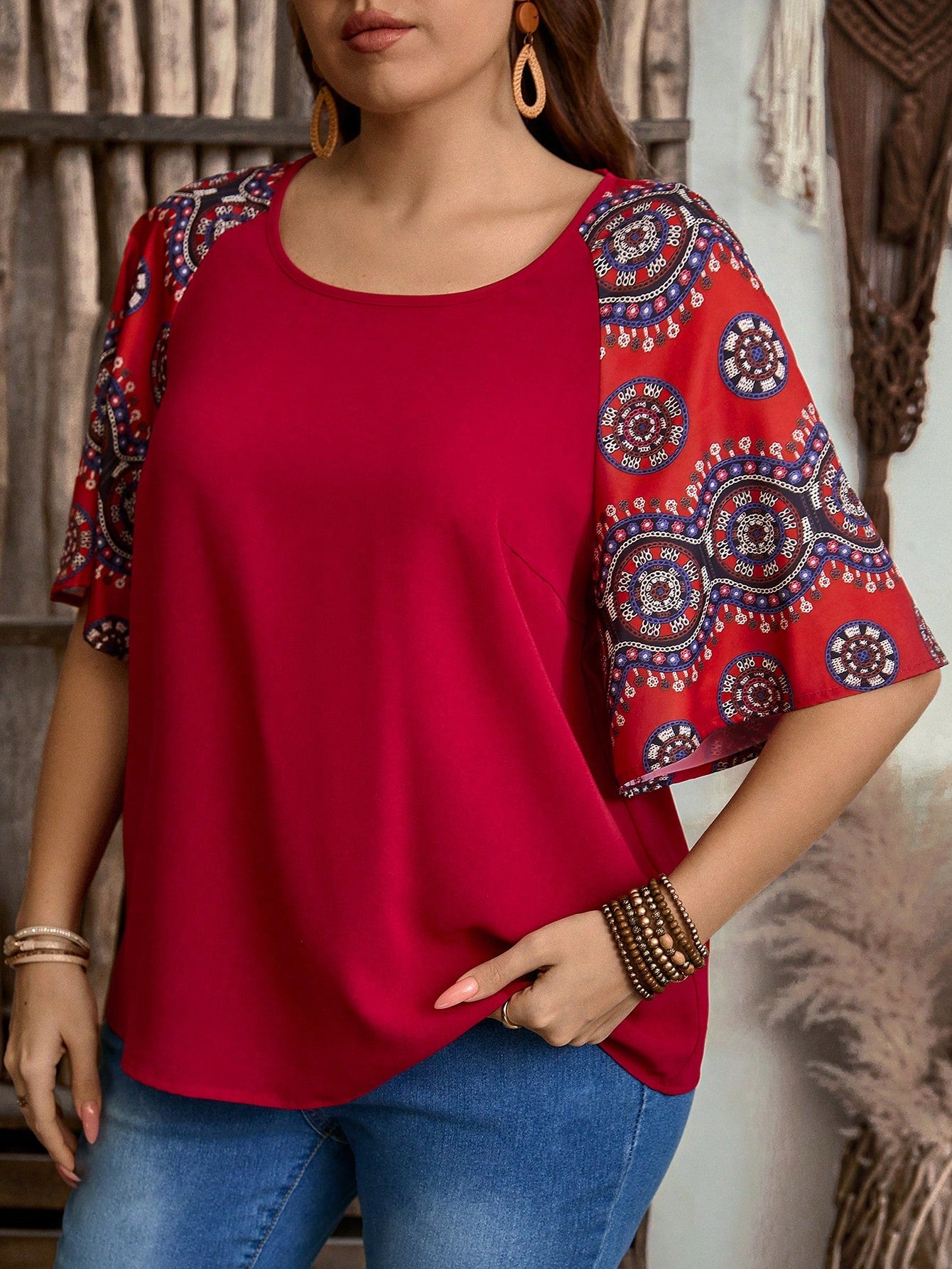 EMERY ROSE Plus Size Solid Color Block Round Neck Short Sleeve Casual Blouse, Boho For Women, Summer, Western Wear Women, Vacation Woman, Spring