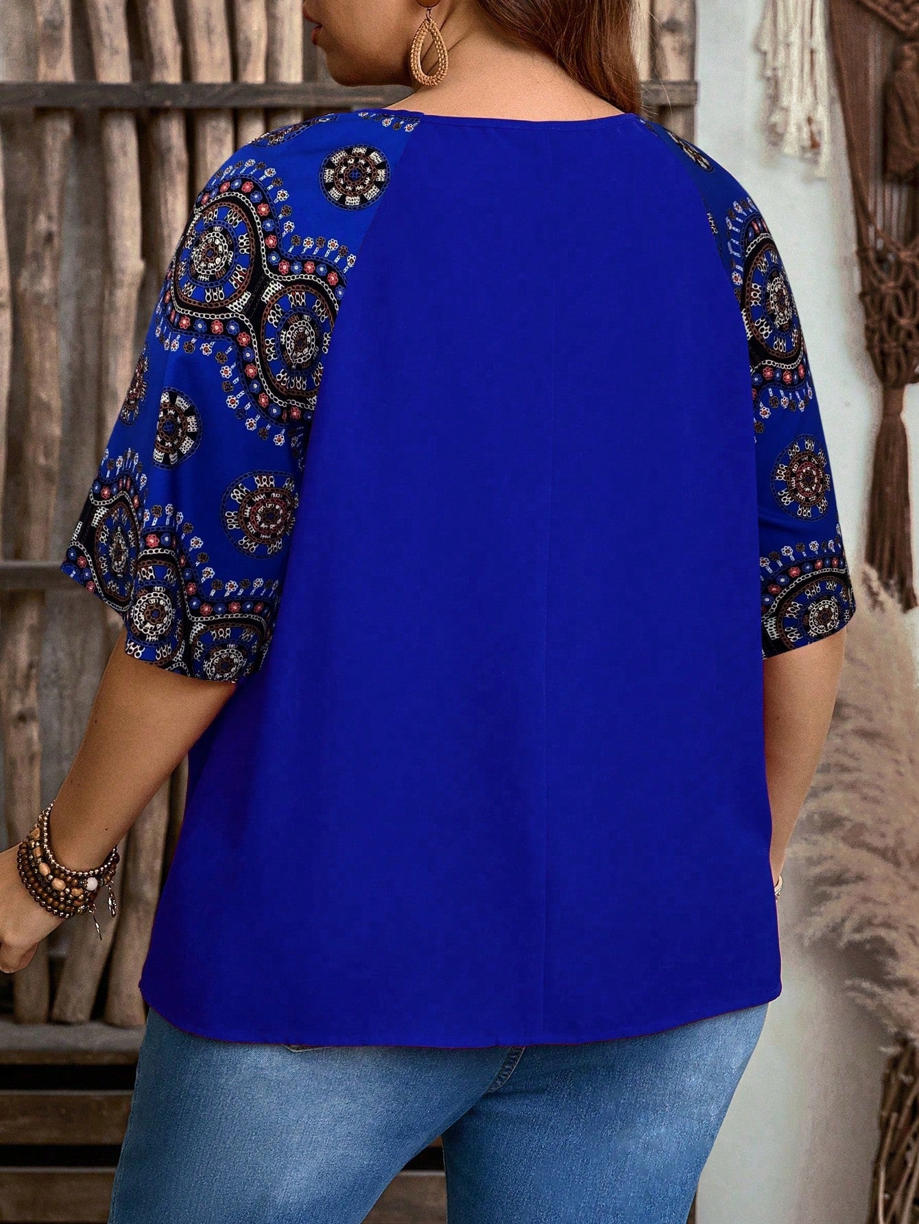 EMERY ROSE Plus Size Solid Color Block Round Neck Short Sleeve Casual Blouse, Boho For Women, Summer, Western Wear Women, Vacation Woman, Spring
