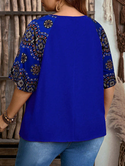 EMERY ROSE Plus Size Solid Color Block Round Neck Short Sleeve Casual Blouse, Boho For Women, Summer, Western Wear Women, Vacation Woman, Spring