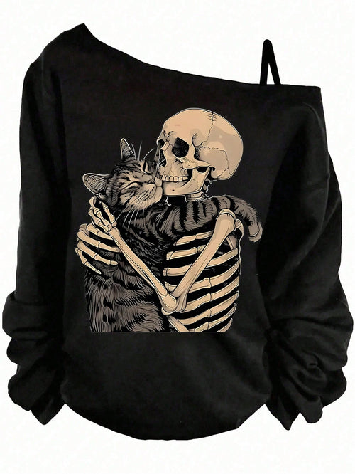 EMERY ROSE Plus Size Women Cat & Skull Print Off-Shoulder Long Sleeve T-Shirt Cat Shirts For Women Goth Tops Off Shoulder Sweatshirt Skeleton Cat Shirt Emo Tops Halloween Sweatshirt Cat Shirts For Wom