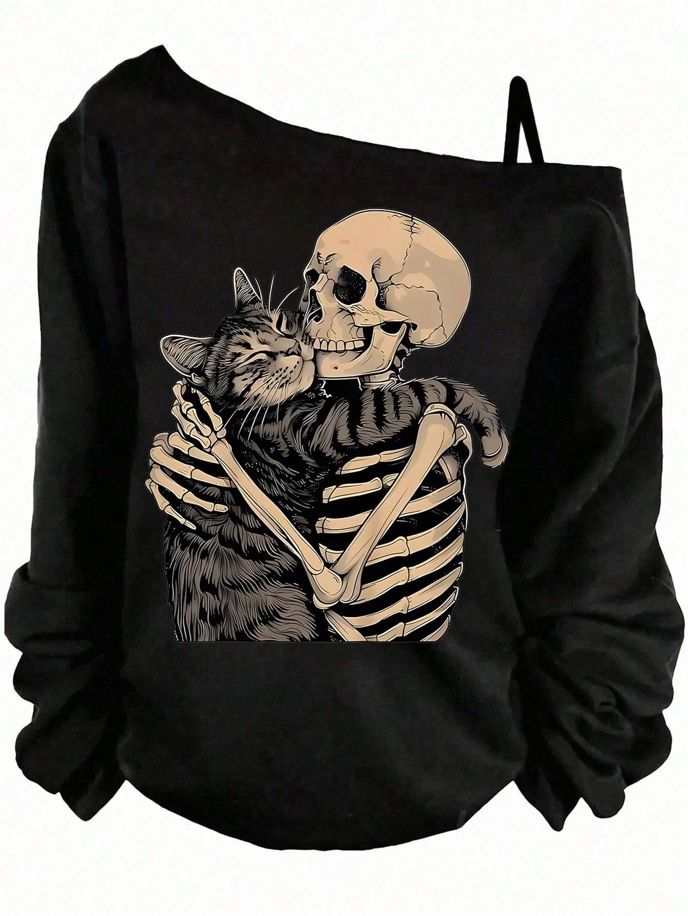 EMERY ROSE Plus Size Women Cat & Skull Print Off-Shoulder Long Sleeve T-Shirt Cat Shirts For Women Goth Tops Off Shoulder Sweatshirt Skeleton Cat Shirt Emo Tops Halloween Sweatshirt Cat Shirts For Wom