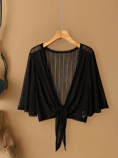 EMERY ROSE Plus Size Women Elegant Lace Mesh Sheer Mid-Sleeve Lightweight Beach/Vacation Cardigan