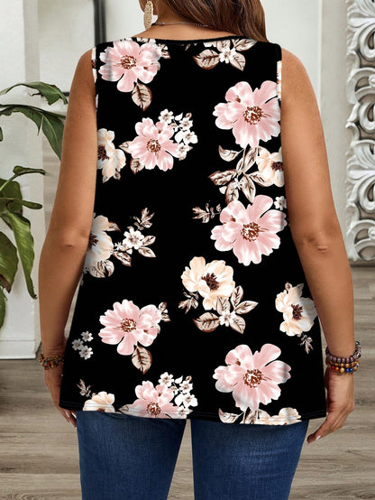 EMERY ROSE Plus Size Women Floral Print Casual Loose Fit Ruched Wide Strap Sleeveless Top, Suitable For Spring & Summer Suitable For Going Out