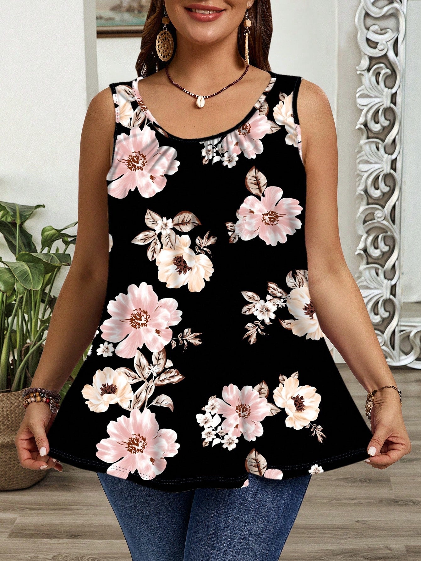 EMERY ROSE Plus Size Women Floral Print Casual Loose Fit Ruched Wide Strap Sleeveless Top, Suitable For Spring & Summer Suitable For Going Out