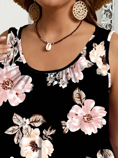 EMERY ROSE Plus Size Women Floral Print Casual Loose Fit Ruched Wide Strap Sleeveless Top, Suitable For Spring & Summer Suitable For Going Out