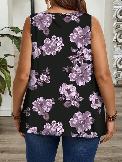 EMERY ROSE Plus Size Women Floral Print Casual Loose Fit Ruched Wide Strap Sleeveless Top, Suitable For Spring & Summer Suitable For Going Out