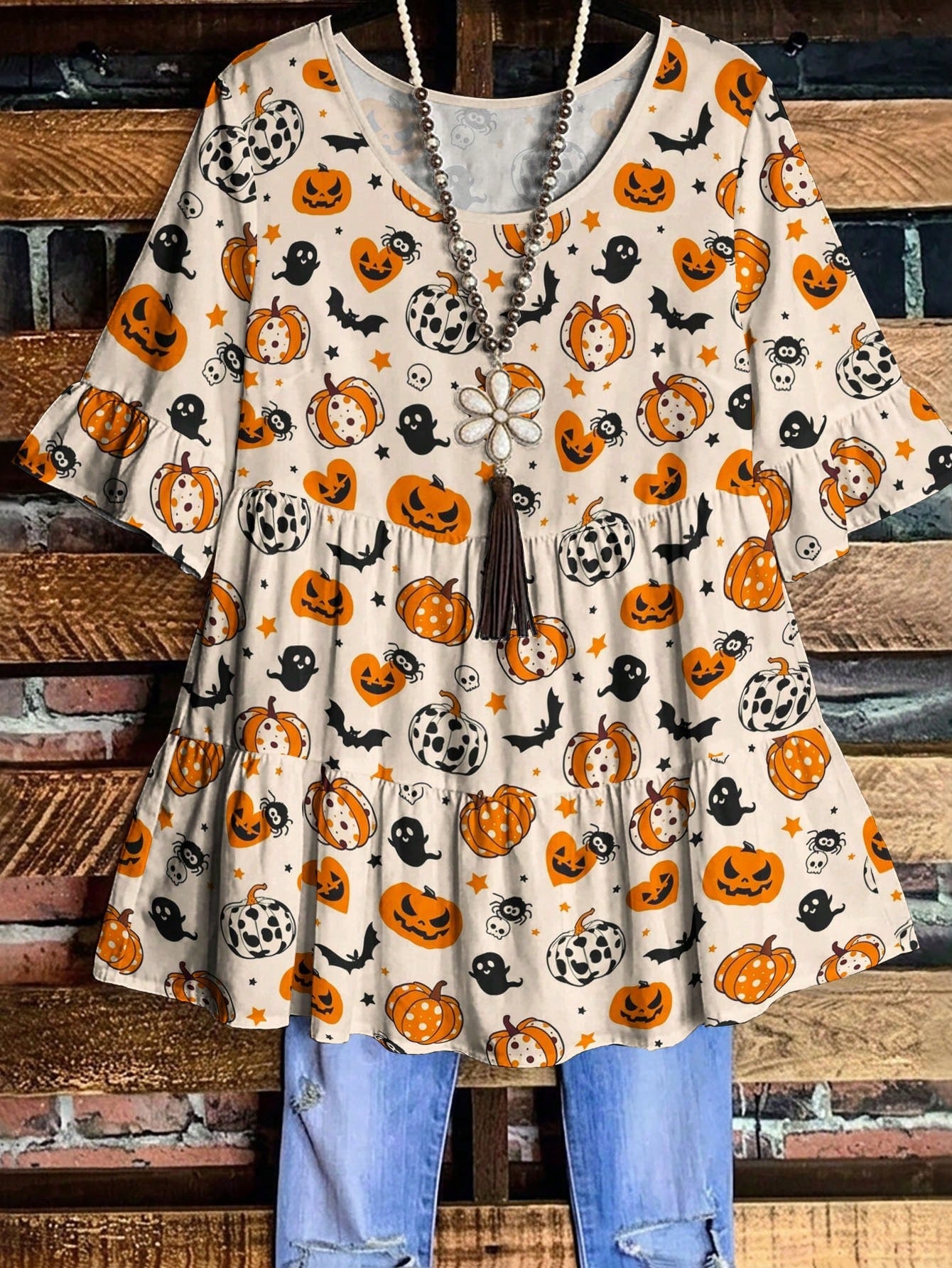 EMERY ROSE Plus Size Women's Halloween Pumpkin Ghost Bat Print Ruffle Trim Sleeve Tiered Peplum Blouse,Fall Holiday Party Chic Tops Shirt