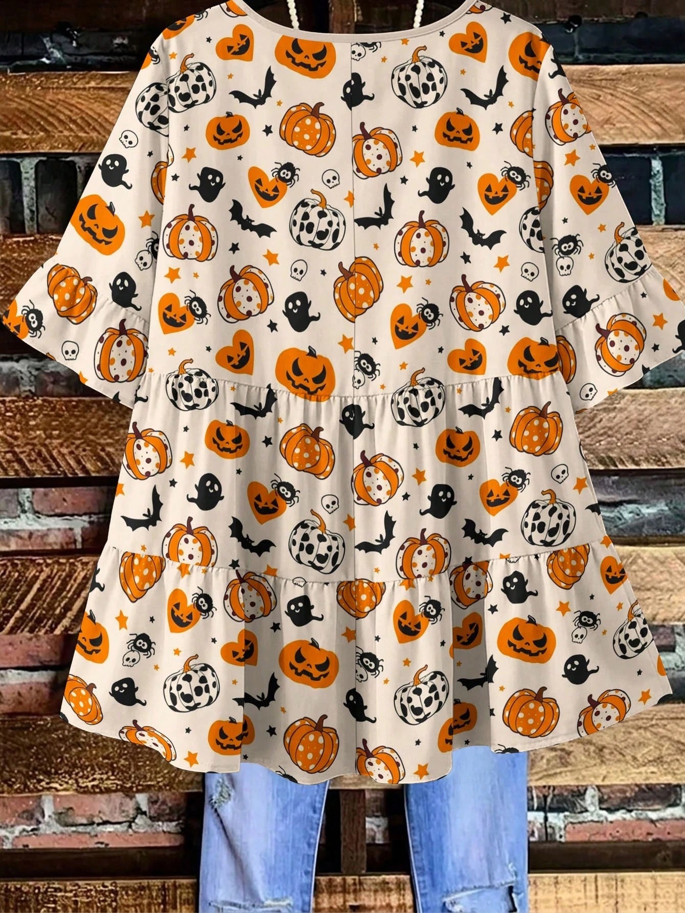 EMERY ROSE Plus Size Women's Halloween Pumpkin Ghost Bat Print Ruffle Trim Sleeve Tiered Peplum Blouse,Fall Holiday Party Chic Tops Shirt