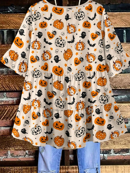 EMERY ROSE Plus Size Women's Halloween Pumpkin Ghost Bat Print Ruffle Trim Sleeve Tiered Peplum Blouse,Fall Holiday Party Chic Tops Shirt