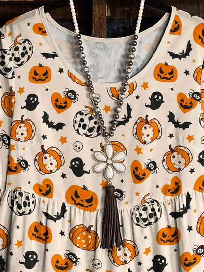 EMERY ROSE Plus Size Women's Halloween Pumpkin Ghost Bat Print Ruffle Trim Sleeve Tiered Peplum Blouse,Fall Holiday Party Chic Tops Shirt