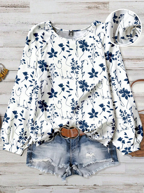 EMERY ROSE Plus Size Women Summer White Round Neck Texture Bubble Wrinkle Full Floral Raglan Sleeve Flowy Shirt Top,Autumn Smart Casual Everyday Boho Cute Blouse
