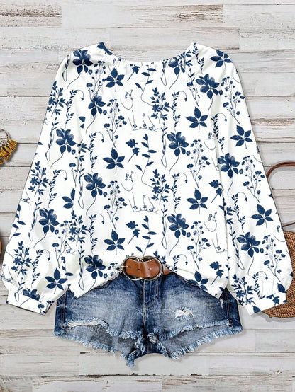 EMERY ROSE Plus Size Women Summer White Round Neck Texture Bubble Wrinkle Full Floral Raglan Sleeve Flowy Shirt Top,Autumn Smart Casual Everyday Boho Cute Blouse