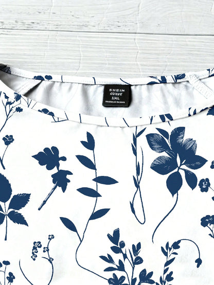 EMERY ROSE Plus Size Women Summer White Round Neck Texture Bubble Wrinkle Full Floral Raglan Sleeve Flowy Shirt Top,Autumn Smart Casual Everyday Boho Cute Blouse