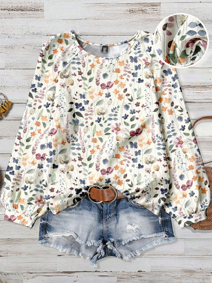EMERY ROSE Plus Size Women Summer White Round Neck Texture Bubble Wrinkle Full Floral Raglan Sleeve Flowy Shirt Top,Autumn Smart Casual Everyday Boho Cute Blouse