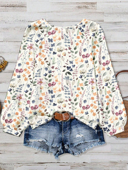 EMERY ROSE Plus Size Women Summer White Round Neck Texture Bubble Wrinkle Full Floral Raglan Sleeve Flowy Shirt Top,Autumn Smart Casual Everyday Boho Cute Blouse