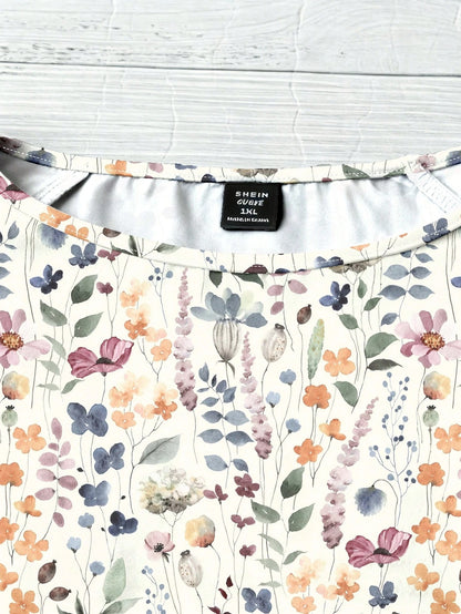 EMERY ROSE Plus Size Women Summer White Round Neck Texture Bubble Wrinkle Full Floral Raglan Sleeve Flowy Shirt Top,Autumn Smart Casual Everyday Boho Cute Blouse