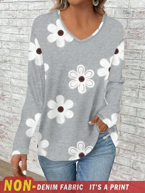 EMERY ROSE Plus Size Women V-Neck Floral Print Casual Loose Long Sleeve T-Shirt/Winter Blusinhas Femininas Elegante Tops Plus Size Women Fall
