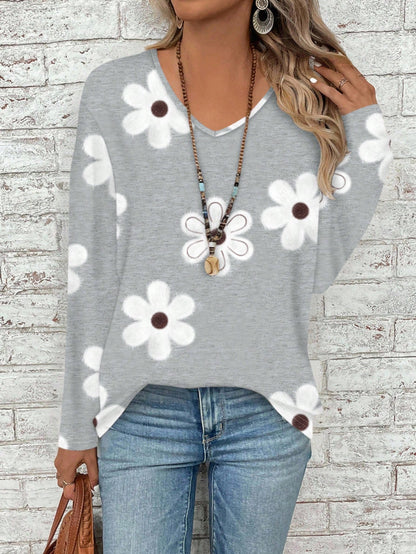 EMERY ROSE Plus Size Women V-Neck Floral Print Casual Loose Long Sleeve T-Shirt/Winter Blusinhas Femininas Elegante Tops Plus Size Women Fall