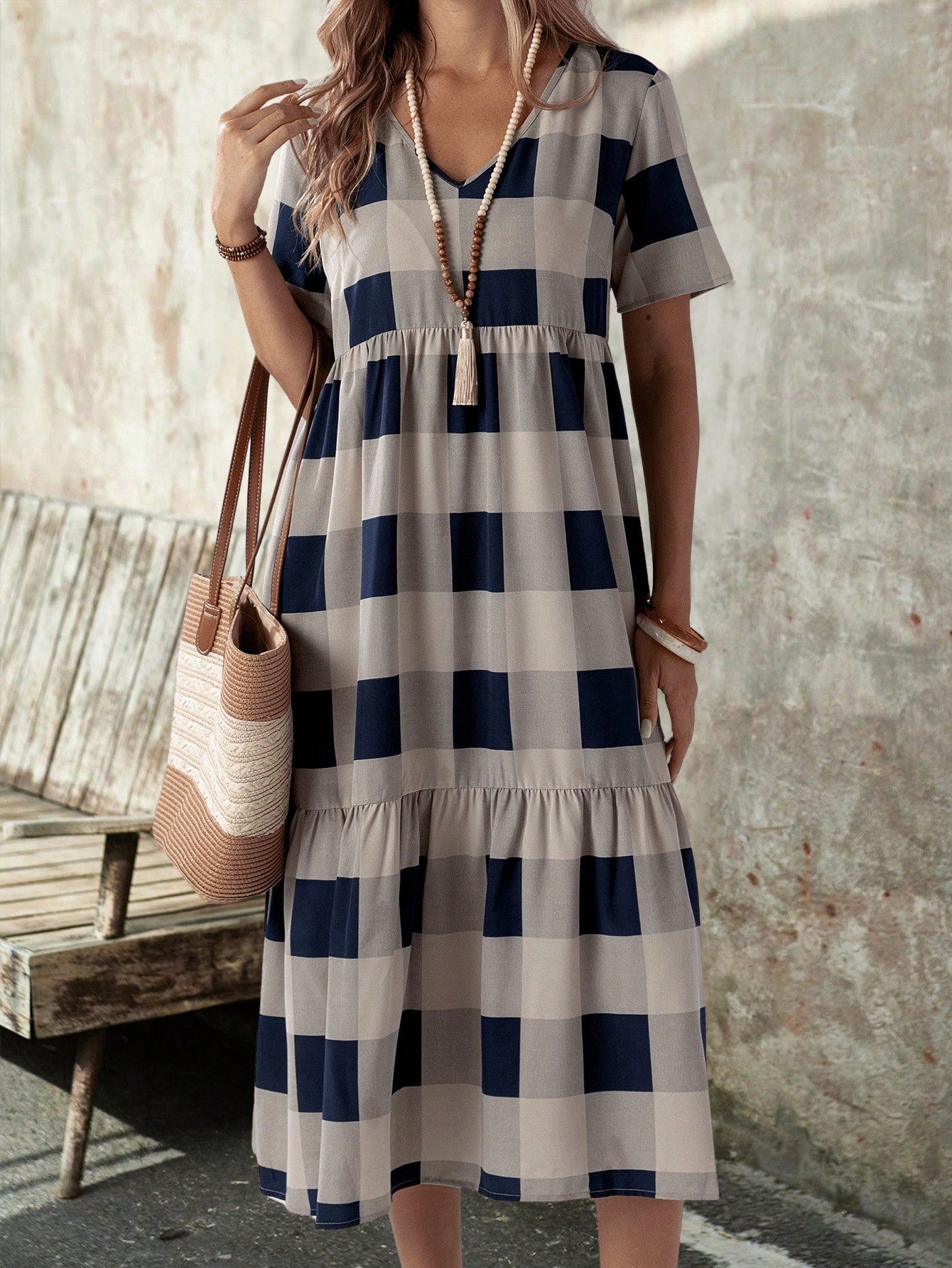EMERY ROSE Summer Casual Plaid Print Short Sleeve Dress