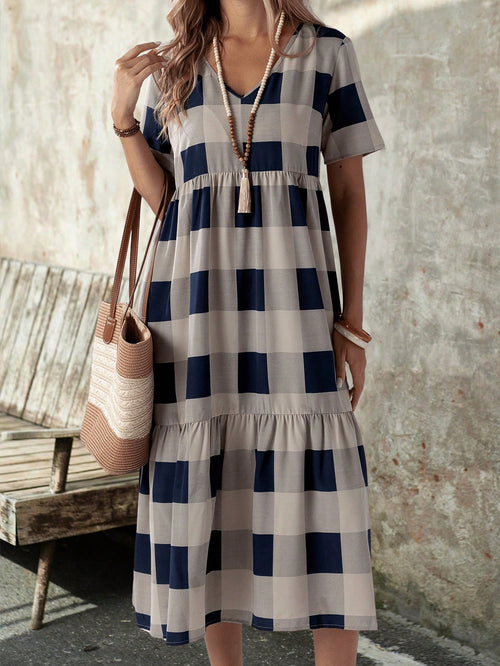 EMERY ROSE Summer Casual Plaid Print Short Sleeve Dress