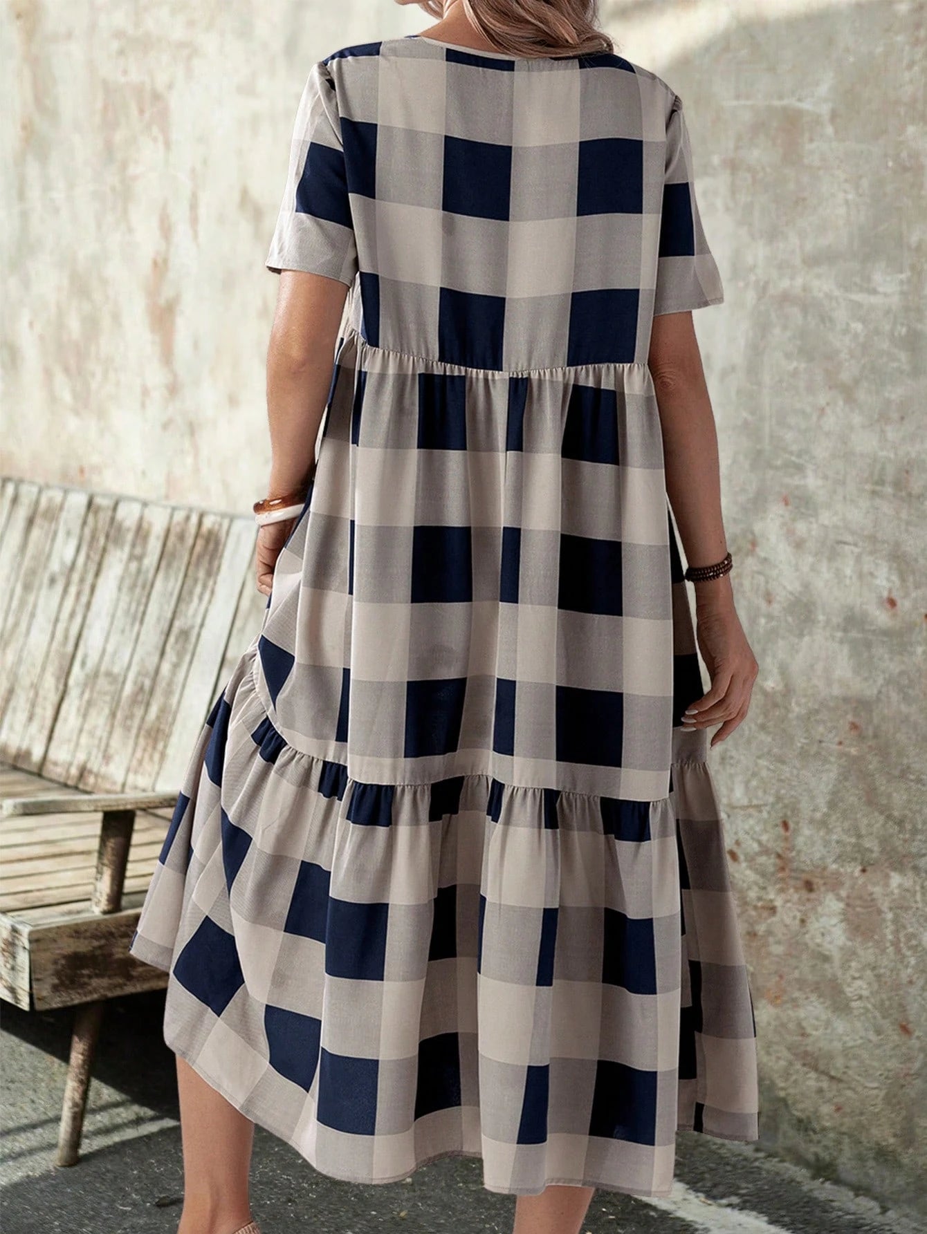 EMERY ROSE Summer Casual Plaid Print Short Sleeve Dress