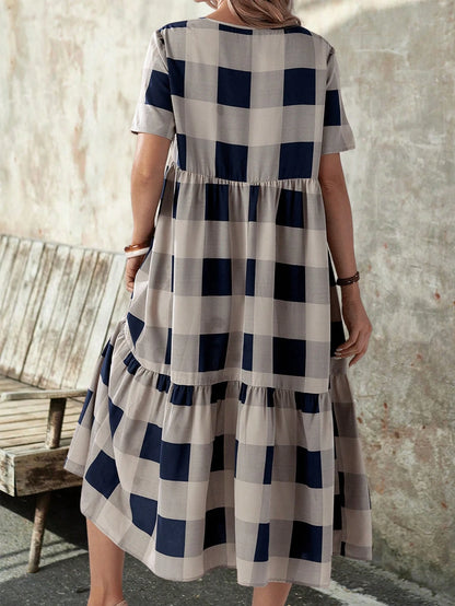 EMERY ROSE Summer Casual Plaid Print Short Sleeve Dress