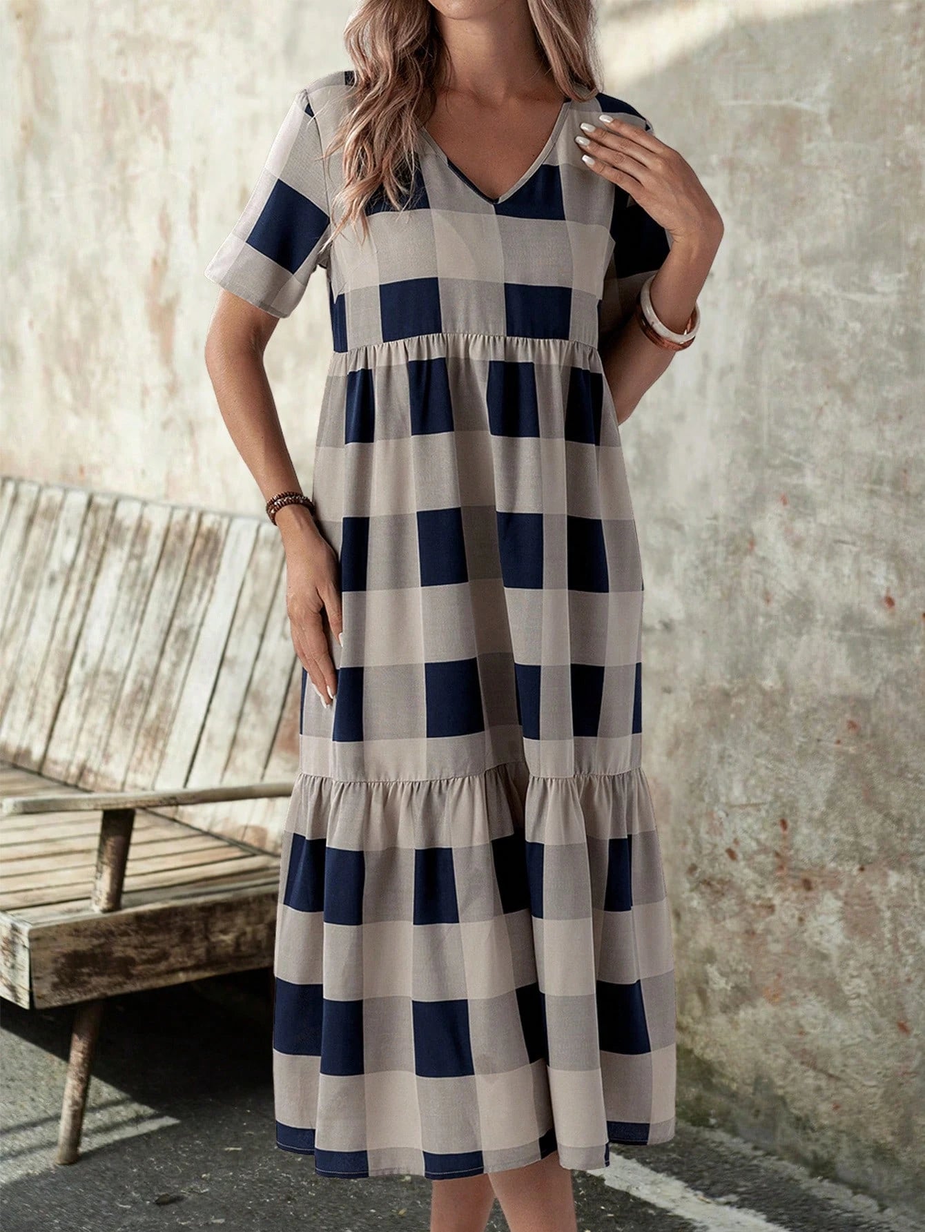 EMERY ROSE Summer Casual Plaid Print Short Sleeve Dress