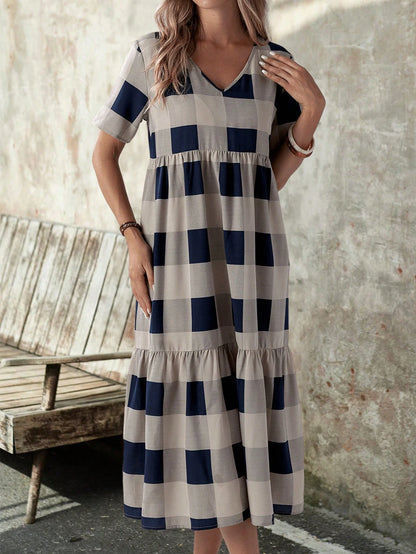 EMERY ROSE Summer Casual Plaid Print Short Sleeve Dress