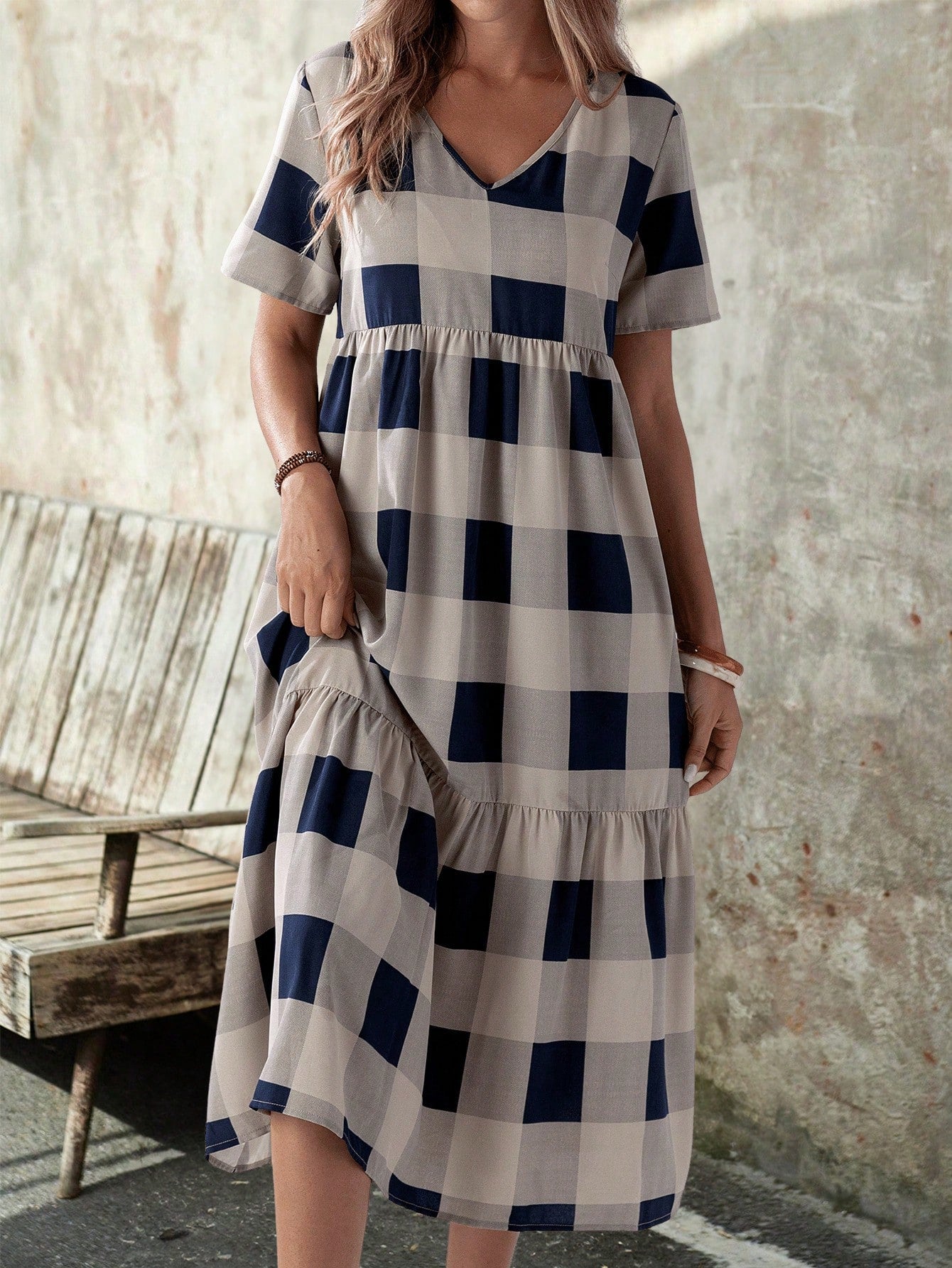 EMERY ROSE Summer Casual Plaid Print Short Sleeve Dress