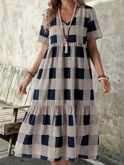 EMERY ROSE Summer Casual Plaid Print Short Sleeve Dress